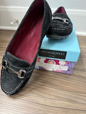 Cynthia Rowley Black Suede Loafers with Silver Hardware